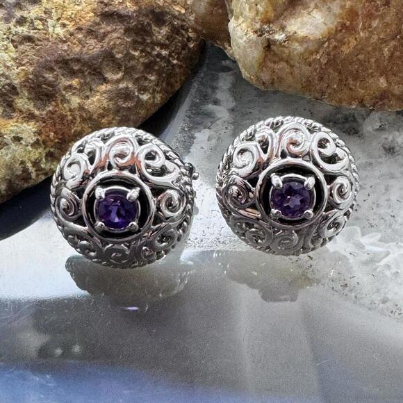 Carolyn Pollack Sterling Round Amethyst Omega Back Stud Earrings For Women - Picture 1 of 10